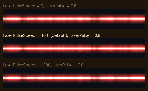 LaserPulseSpeed 0, 400 and 1200, one second